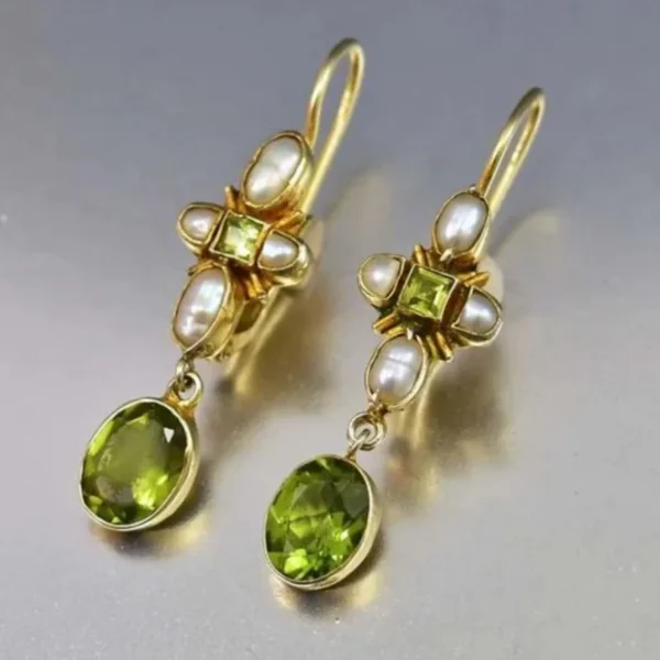 Dazzling Round Geometry Gold Color Earrings for Women Metal Inlaid Green Stone Imitation Pearl Earrings Jewelry
