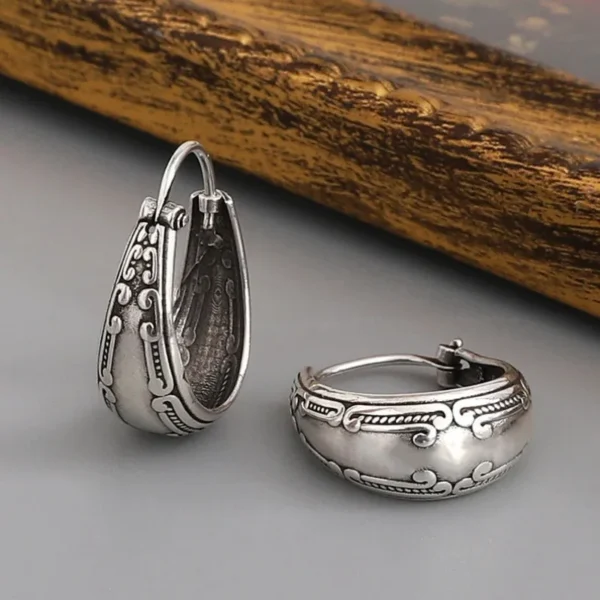 Vintage Silver Color Round Earrings Ethnic Bohemian Metal Carving Pattern Hoop Earrings for Women Jewelry