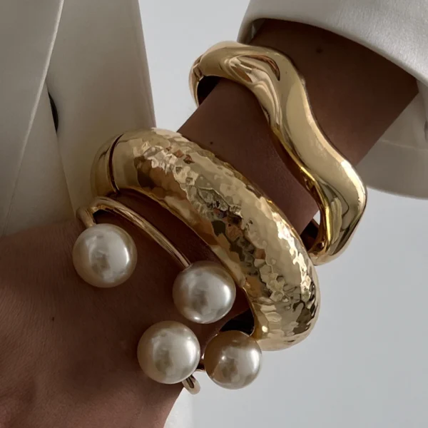 Ingemark 3 Style Creative Big Imitation Pearl Cuff Bracelet Women Trend 2025 Punk Heavy Metal Chunky Spring Bangle Steampunk Men