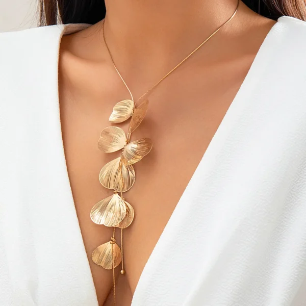 PuRui Trendy Gold Color Metal Petal Charm Long Tassel Necklace for Women Choker Chest Chain Jewelry Collar Gifts Party Wedding