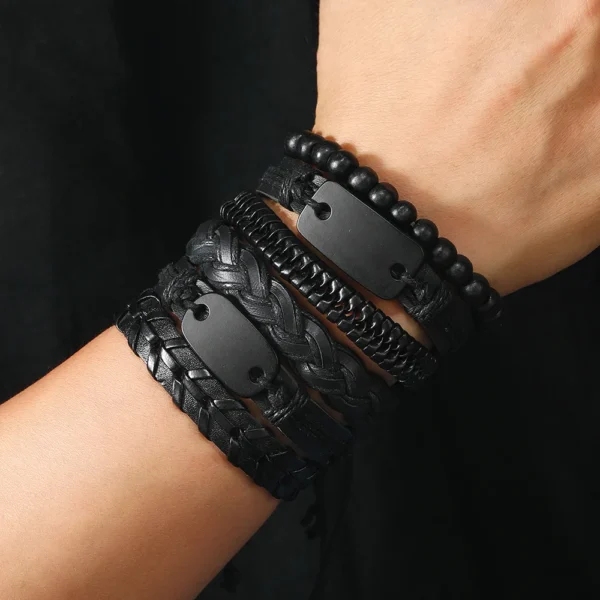 Leather Bracelet For Men Stylish Retro Men's Bracelet Stylish Dark Square Nameplate Leather Braided Bracelet
