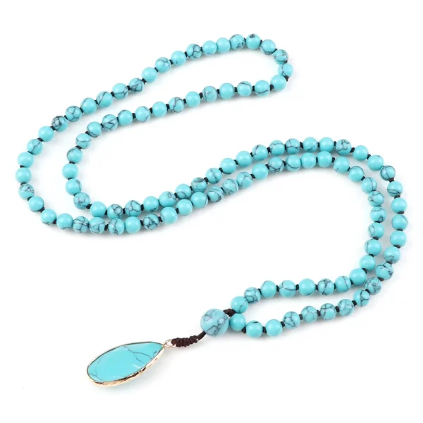 Fashion Water Drop Pendant Necklace For Women Natural Blue Stone Beaded Necklace 108 Beads Japamala Prayer Necklace Men Jewelry