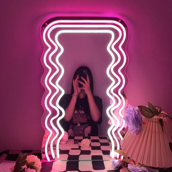 Wave Mirror Neon Sign USB Powered LED Mirror Neon Sign for Bedroom Wall Salon Decor Art Gifts Makeup Table Decor Birthday Gifts
