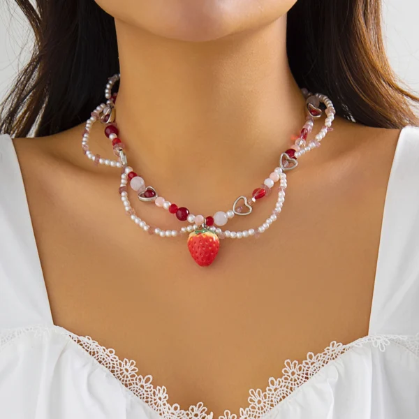 Ingemark Kpop Sweet Imitation Pearl Chain Strawberry Pendant Necklace for Women Wed Bridal Love Heart Choker Aesthetic Jewelry