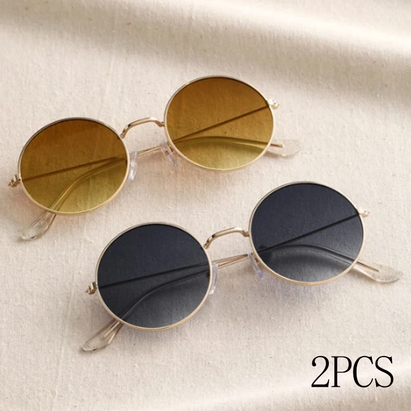 kf-S1343cff427324f2a87242cf23e114b38Z 2 Pairs Per Set Small Round Sunglasses Women Cute Skinny Metal Eyewear Retro Vintage Narrow Cateye Sunglasses Set - Image 1