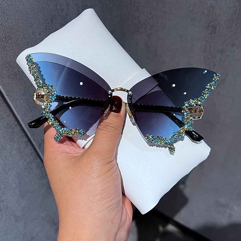 kf-S16f88dc26056423f9e58fda65f653824u Luxury Diamond Butterfly Sunglasses Women Brand Y2K Vintage Rimless Oversized Sun Glasses Ladies Eyewear - Image 1