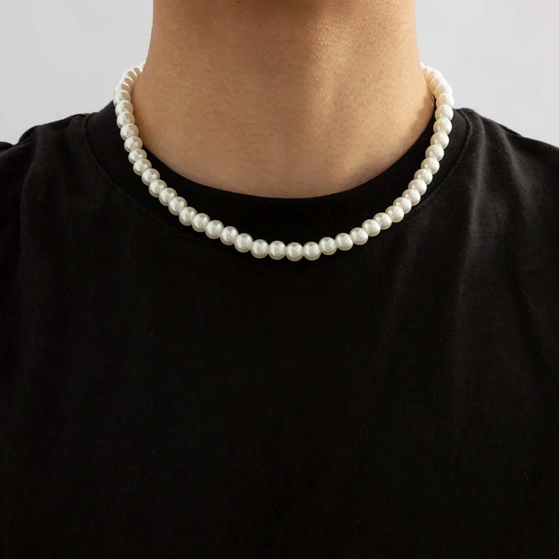 kf-S39cc6b1546b145cfa2c92d6e199ba49fk Simple Imitation-Pearl Beaded Short Choker Necklace for Men Trendy White Beaded Chains on Neck Accessories 2023 Fashion Jewelry - Image 1