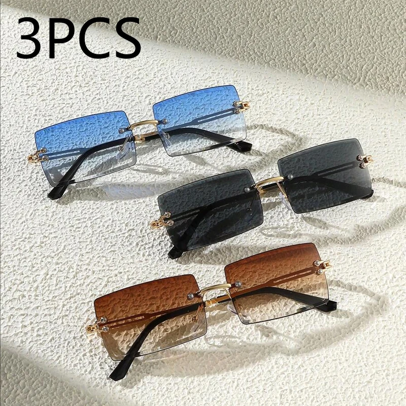 kf-S56baea4970334406a2a1d6b9edc554a6h 3pcs Men's Luxurious Frameless Rectangle Sunglasses, Classic Fashion Eyewear For Daily Life And Outdoor Travel Beach - Image 1