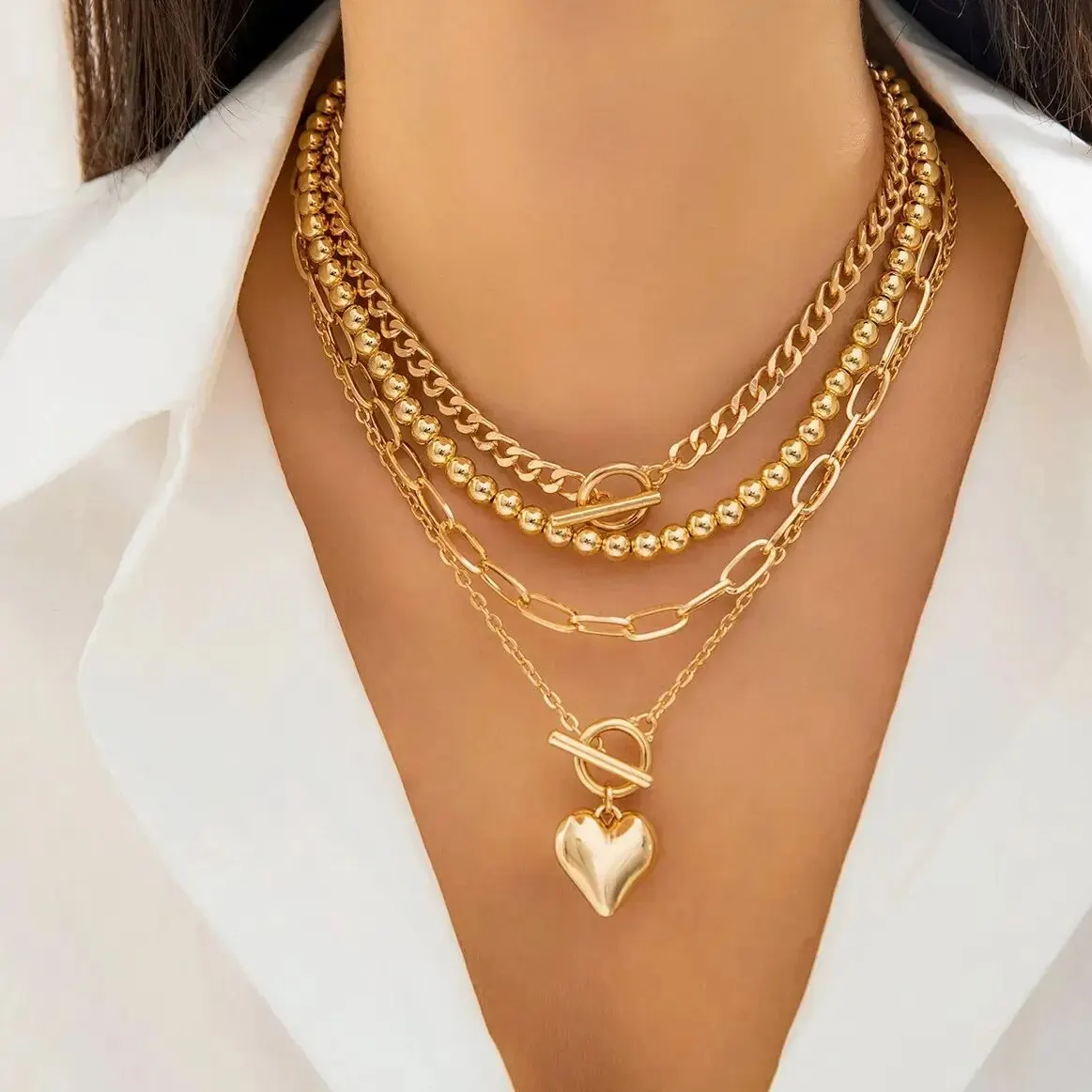 kf-S9a6b53e9e3a049e1a5225c9ddb7ff897v 4Pcs/Set Punk Gold Color Heart Pendant Necklace for Women 2024 Trendy OT Buckle Beaded Neck Chain Choker Y2K Jewelry Accessories - Image 1