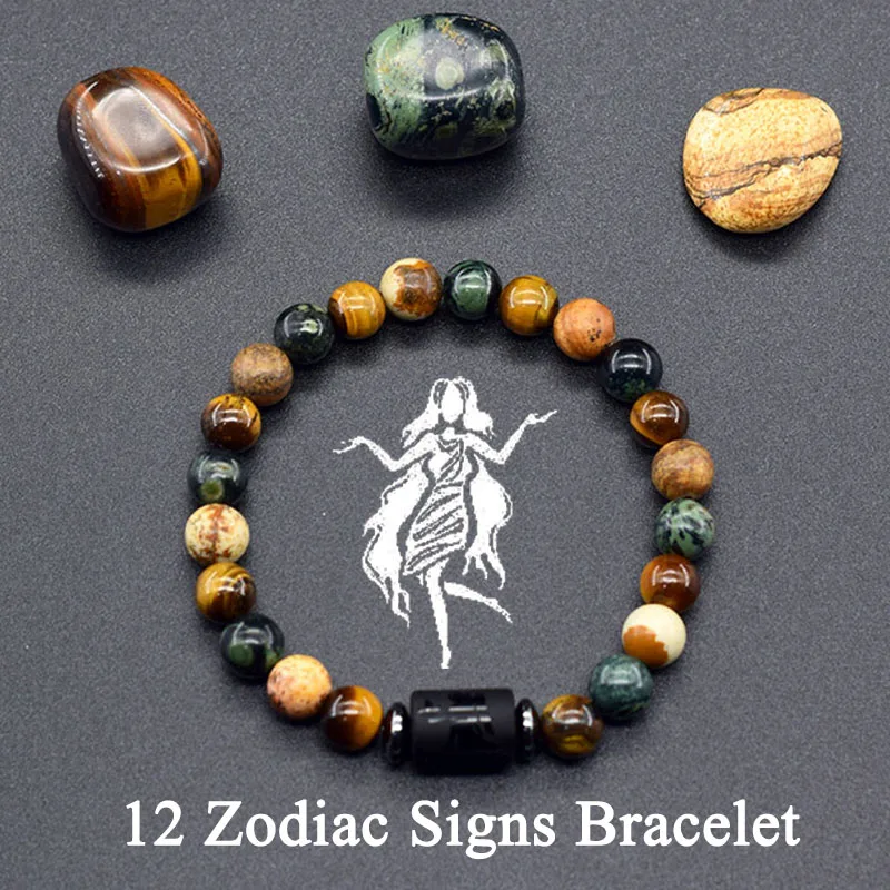 kf-S9aefa0b575e44850b3b2c460f0c5c93bS 12 Zodiac Constellation Signs Bracelets for Men Women Tiger Eye Sparrow Picture Stone Beads Bracelet Virgo Charm Couple Jewelry - Image 1