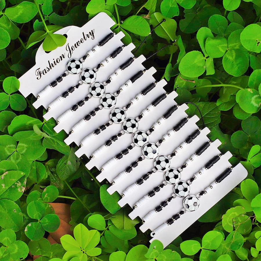 kf-Sa14ee5bd5b5b4cd39201e0ae069525ber 12Pcs/Pack Men Football Bracelet Wholesale Handmade Weaven Poly Clay Braslet Hand Accessories Friendship String Braclet Pulseria - Image 1