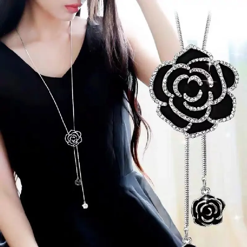 kf-Sc0aca2291c2640d297cabf877edcadfeE 1PC Women's Fashion Metal Black Rose Long Necklace Sweater Chain Accessories Suitable for Travel, Party, Festival Gifts-802156 - Image 1