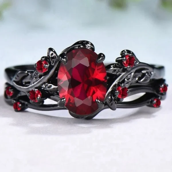 Exquisite Black Color Round Flower Red Stone Rings for Women Jewelry Anniversary Rings Gift