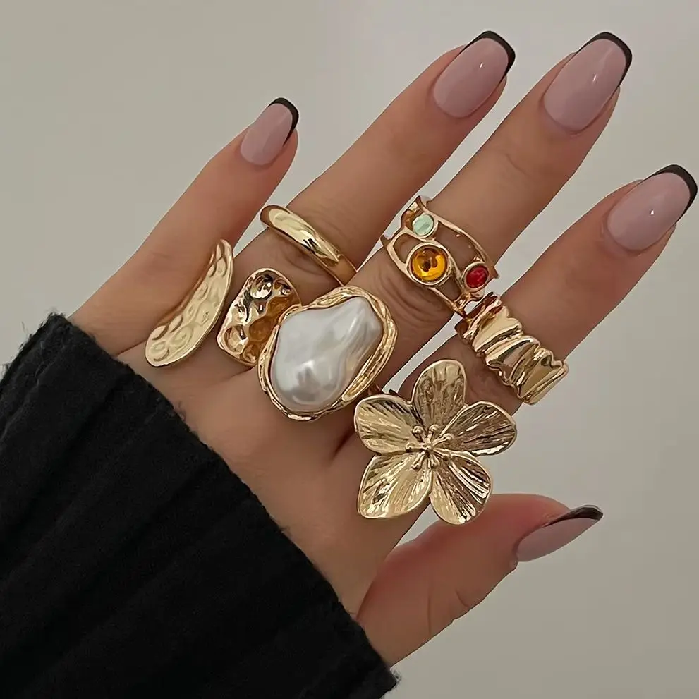 kf-Se45b3377446347489ba4803a256054c3L Ingemark 2025 New Irregular Exaggerated Metal Flower Open Rings Women Elegant Baroque Imitation Pearl Ring Jewelry Accessories - Image 1