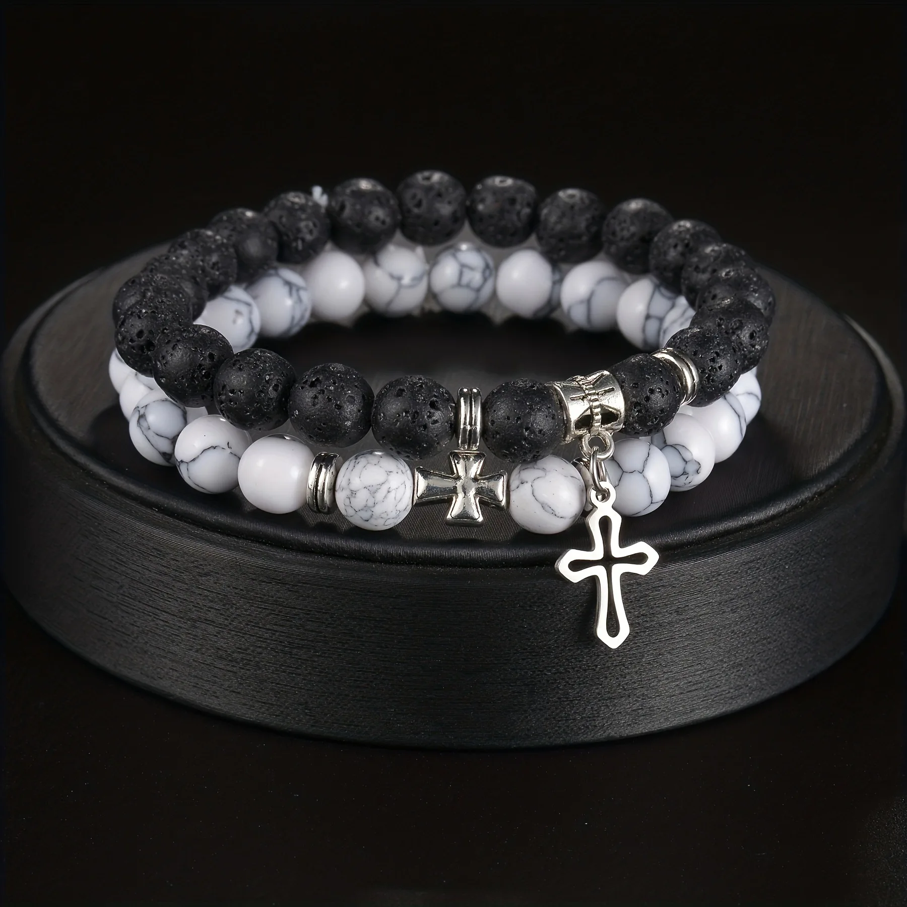 kf-See2379f94eeb46f5afc5095896eb5b5cl 2pcs Set Trendy Nature Stone Cross Beaded Bracelets For Men Vintage White Turquoise Volcanic Stone Men’s Beaded Bracelets Gifts - Image 1